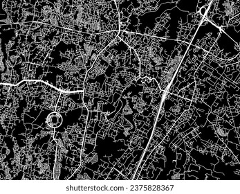 Mapa de la ciudad vectorial de Cibinong en Indonesia con carreteras blancas aisladas en un fondo negro.