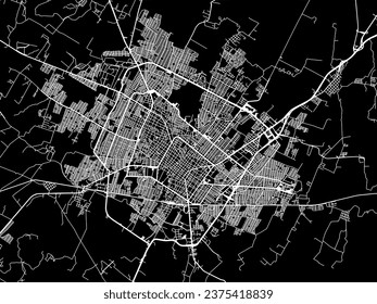 Vector city map of Ciudad de Villa de Alvarez in Mexico with white roads isolated on a black background.