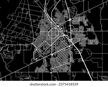 Vector city map of Ciudad Delicias in Mexico with white roads isolated on a black background.