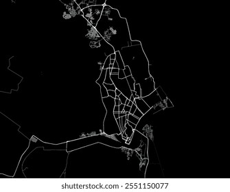 Mapa vetorial da cidade de Ciudad Madero, no México, com estradas brancas isoladas sobre um fundo preto.