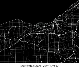 Mapa de la ciudad vectorial de Cleveland Ohio en los Estados Unidos de América con carreteras blancas aisladas en un fondo negro.