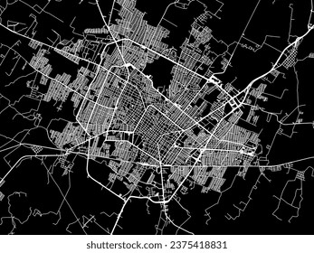 Mapa vectorial de la ciudad de Colima en México con caminos blancos aislados en un fondo negro.