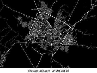 Mapa vectorial de la ciudad de Colima en México con caminos blancos aislados en un fondo negro.