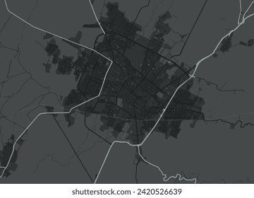 Mapa vectorial de la ciudad de Colima en México con caminos blancos aislados en un fondo gris.