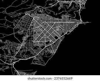 Mapa de la ciudad vectorial de Comodoro Rivadavia en Argentina con caminos blancos aislados en un fondo negro.