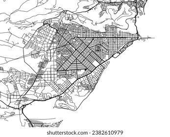 Mapa de la ciudad vectorial de Comodoro Rivadavia en Argentina con caminos negros aislados en un fondo blanco.