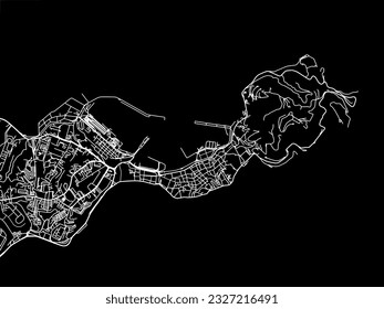 Mapa vectorial de Cueta en España con carreteras blancas aisladas en un fondo negro.