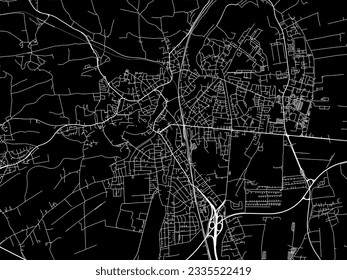 Mapa vectorial de Dachau en Alemania con caminos blancos aislados en un fondo negro.