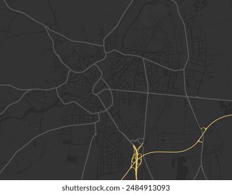 Vector city map of Dachau in Germany with yellow roads isolated on a brown background.
