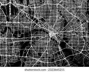 Mapa de la ciudad vectorial de Dallas Texas en los Estados Unidos de América con caminos blancos aislados en un fondo negro.