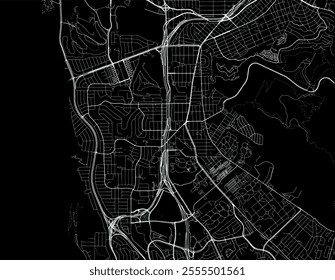 Vector city map of Daly City California in the United States of America with white roads isolated on a black background.