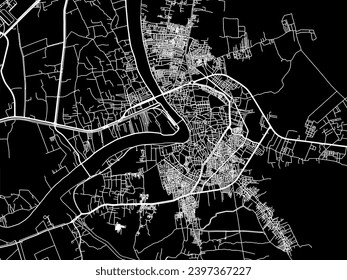 Mapa de la ciudad vector de Damietta en Egipto con carreteras blancas aisladas en un fondo negro.