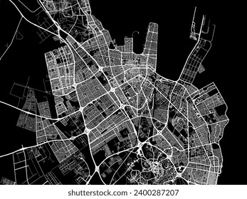 Mapa vectorial de Dammam en Brasil con caminos blancos aislados en un fondo negro.
