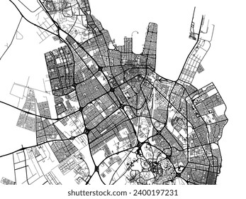 Mapa vectorial de Dammam en el Reino de Arabia Saudita con carreteras negras aisladas en un fondo blanco.