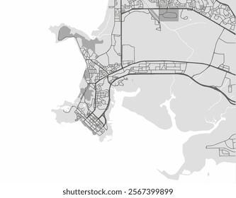 Vector city map of Darwin center in Australia with black roads isolated on a grey background.