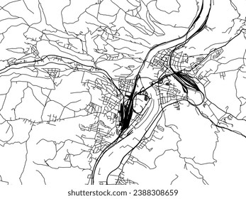 Mapa vectorial de la ciudad de Decin en la República Checa con carreteras negras aisladas en un fondo blanco.