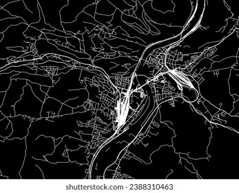 Mapa vectorial de la ciudad de Decin en la República Checa con caminos blancos aislados en un fondo negro.