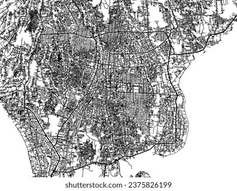 Mapa vectorial de Denpasar en Indonesia con carreteras negras aisladas en un fondo blanco.