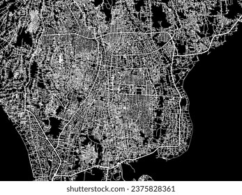 Mapa vectorial de Denpasar en Indonesia con calles blancas aisladas en un fondo negro.