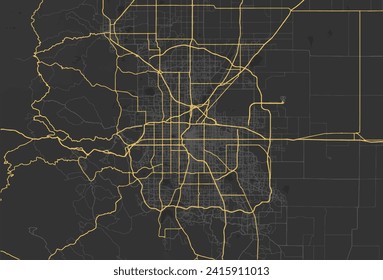 Vector city map of Denver Colorado in the United States with yellow roads isolated on a brown background.