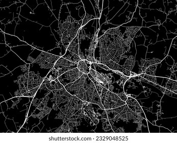 Mapa de la ciudad vectorial de Derby en el Reino Unido con carreteras blancas aisladas en un fondo negro.