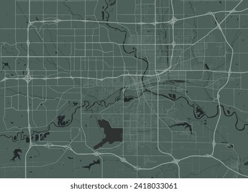 Stadtplan von Des Moines Iowa in den Vereinigten Staaten von Amerika mit weißen Straßen einzeln auf grünem Hintergrund.