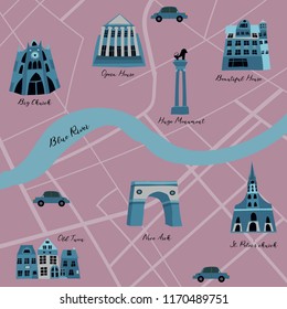 Vector city map with different houses and buildings, river, car, streets