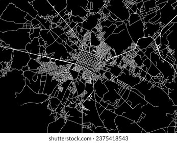 Vector city map of Dolores Hidalgo in Mexico with white roads isolated on a black background.