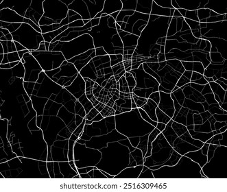 Mapa vetorial de Dongguan na República Popular da China com estradas brancas isoladas sobre um fundo preto.