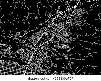 Mapa vectorial de Dosquebradas en Colombia con carreteras blancas aisladas en un fondo negro.