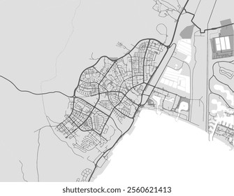 Vector city map of Eilat in Israel with black roads isolated on a grey background.