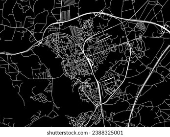 Mapa vectorial de la ciudad de Elk en Polonia con caminos blancos aislados en un fondo negro.