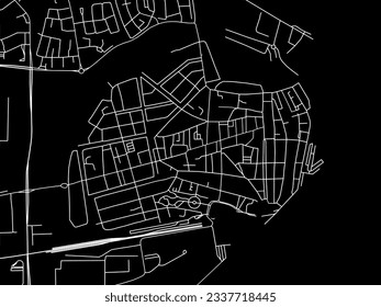 Mapa vectorial de Enkhuizen en los Países Bajos con caminos blancos aislados en un fondo negro.