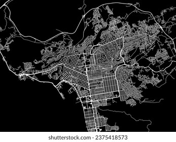 Vector city map of Ensenada in Mexico with white roads isolated on a black background.