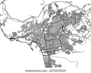 Mapa de la ciudad vectorial de Ensenada en México con carreteras negras aisladas en un fondo blanco.