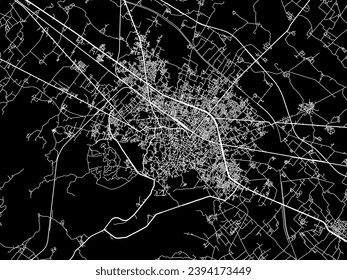 Mapa de la ciudad vectorial de Etawah en la República de India con caminos blancos aislados en un fondo negro.