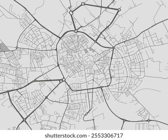 Mapa da cidade de Évora Centro, em Portugal, com estradas pretas isoladas sobre um fundo cinza.