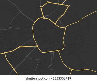 Mapa da cidade de Évora Centro em Portugal com estradas amarelas isoladas sobre um fundo marrom.