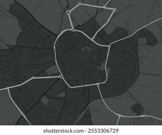 Mapa da cidade de Évora Centro, em Portugal, com estradas brancas isoladas sobre um fundo cinza.