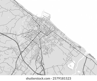 Vector city map of Fano in Italy with black roads isolated on a grey background.