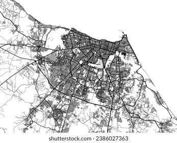 Mapa vectorial de Fortaleza en Brasil con carreteras negras aisladas en un fondo blanco.