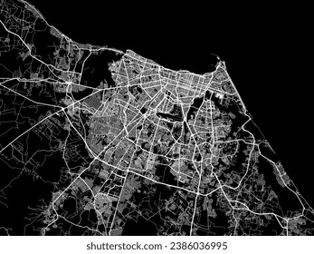 Mapa vectorial de Fortaleza en Brasil con carreteras blancas aisladas en un fondo negro.