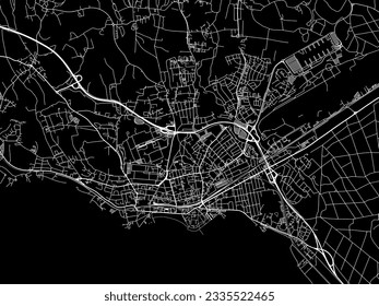 Mapa vectorial de Friedrichshafen en Alemania con caminos blancos aislados en un fondo negro.