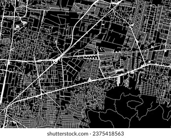 Vector city map of Fuentes del Valle in Mexico with white roads isolated on a black background.