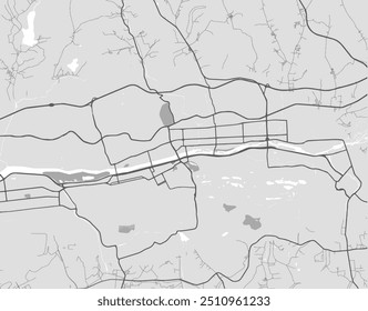 Vector city map of Fushun in the People's Republic of China with black roads isolated on a grey background.