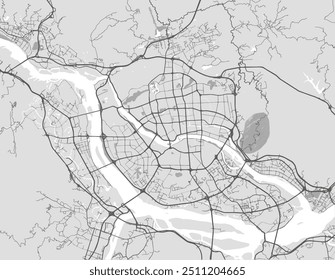 Vector city map of Fuzhou in People's Republic of China with black roads isolated on a grey background.