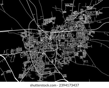 Mapa vectorial de la ciudad de Gadag en la República de India con caminos blancos aislados en un fondo negro.