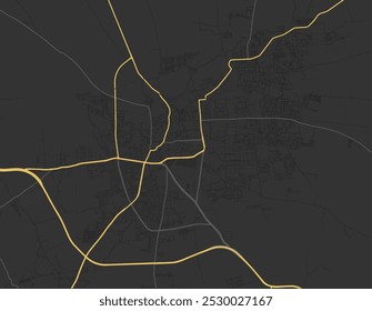 Vector city map of Gadag in the Republic of India with yellow roads isolated on a brown background.