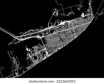 Vector city map of Galveston Texas in the United States of America with white roads isolated on a black background.