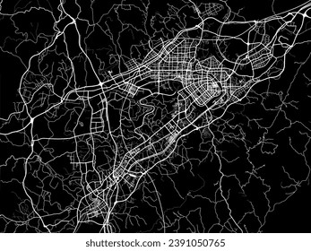 Mapa de la ciudad vector de Ganzhou en la República Popular China (RPC) con carreteras blancas aisladas en un fondo negro.